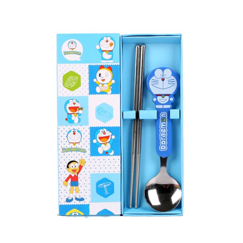 Bộ muỗng thìa và đũa inox 2 chi tiết Doraemon Kitty dễ thương cho bé tập ăn dặm