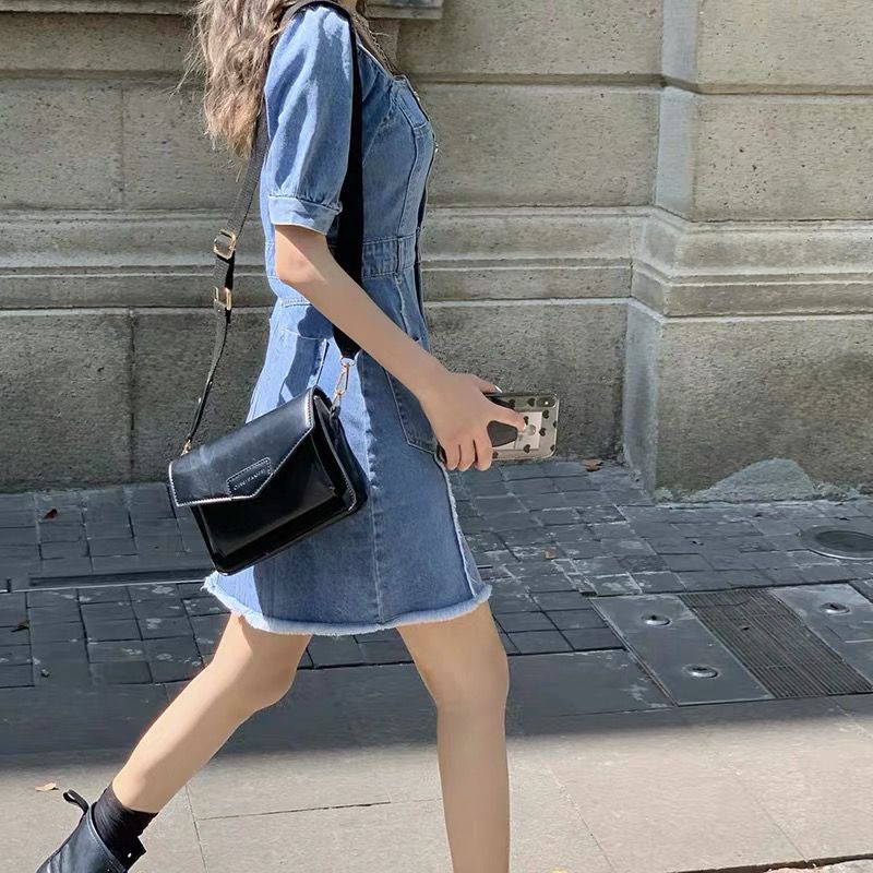 Đầm Denim Cổ Vuông Tay Phồng Phong Cách Âu Mỹ Thời Trang Mùa Hè 2022