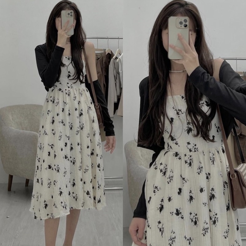 Set Váy 2 Dây Hoa Dáng Dài Kèm Áo Khoác Cadigan Đen Set Tiểu Thư Hoa