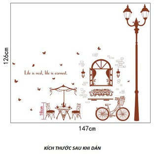 Hình dán tường Decal trang trí phòng khách, quán cafe, spa ... Tranh Cột đèn nâu phong cảnh Paris - DKN059