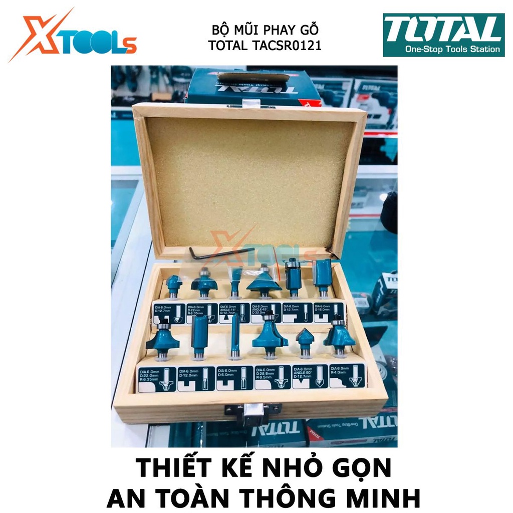 Bộ mũi phay gỗ TOTAL bộ mũi phay soi gỗ Đường kính mũi từ  6mm- 12mm, trọng lượng 1kg, tạo rãnh và bậc, bề mặt định hình