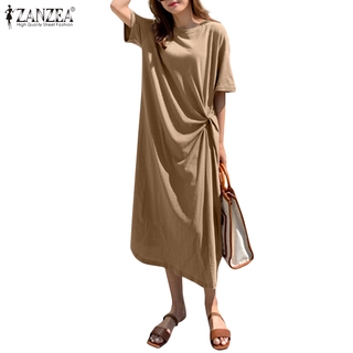 ZANZEA Womens Casual Street Fashion Short Sleeve Solid O Neck Maxi Dress