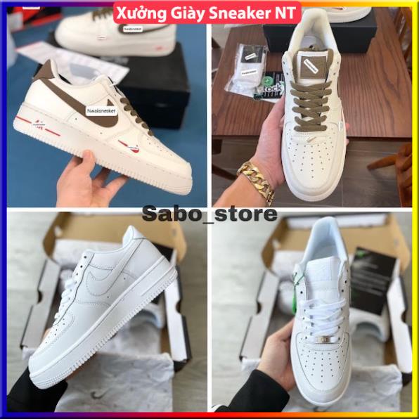 Giày AF1 trắng Full, Giày sneaker air force 1 vệt nâu White brown nam nữ cao cấp Full Box Bill dễ phối đồ