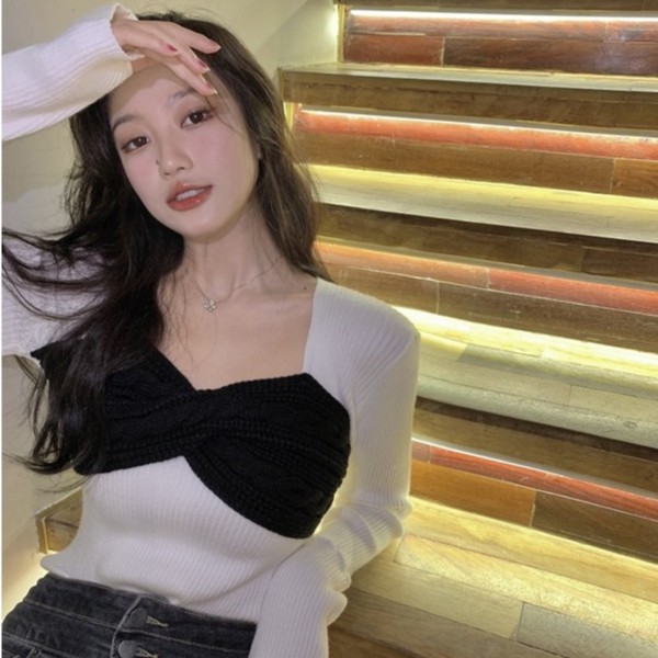 QADCOL Áo len dệt kim cổ vuông ôm dáng thanh lịch thời trang cho nữ
