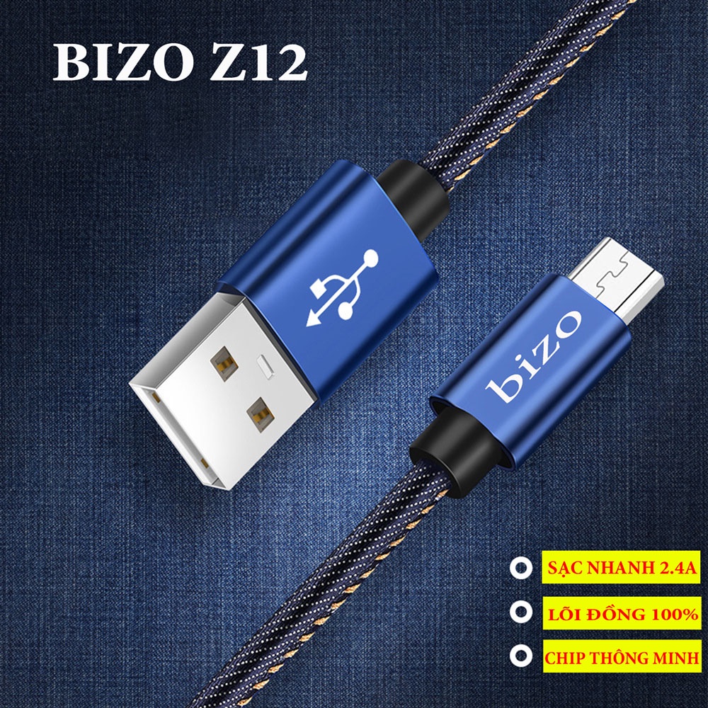 [BH 12 THÁNG] Dây sạc iphone, samsung, USB type C bọc vải denim siêu bền Bizo Z12, 5V - 2,4A, Công nghệ bizo