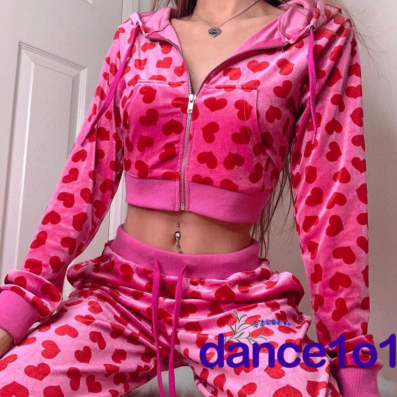 Set Áo Khoác Tay Dài/Quần Dài In Họa Tiết Trái Tim Thời Trang Cao Cấp Cho Nữ