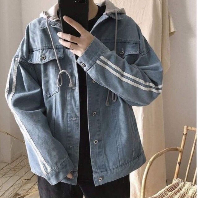 Áo khoác jeans nam sọc tay kèm mũ ( HÌNH THẬT BÊN TRONG )