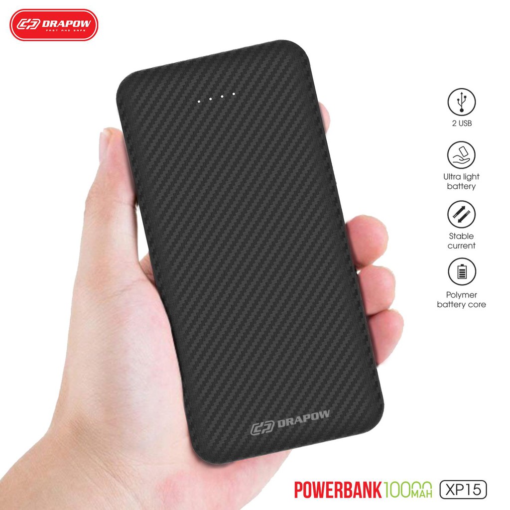 Pin dự phòng DRAPOW XP15 10.000mah Vỏ Cacbon chống trầy - cổng sạc Type C