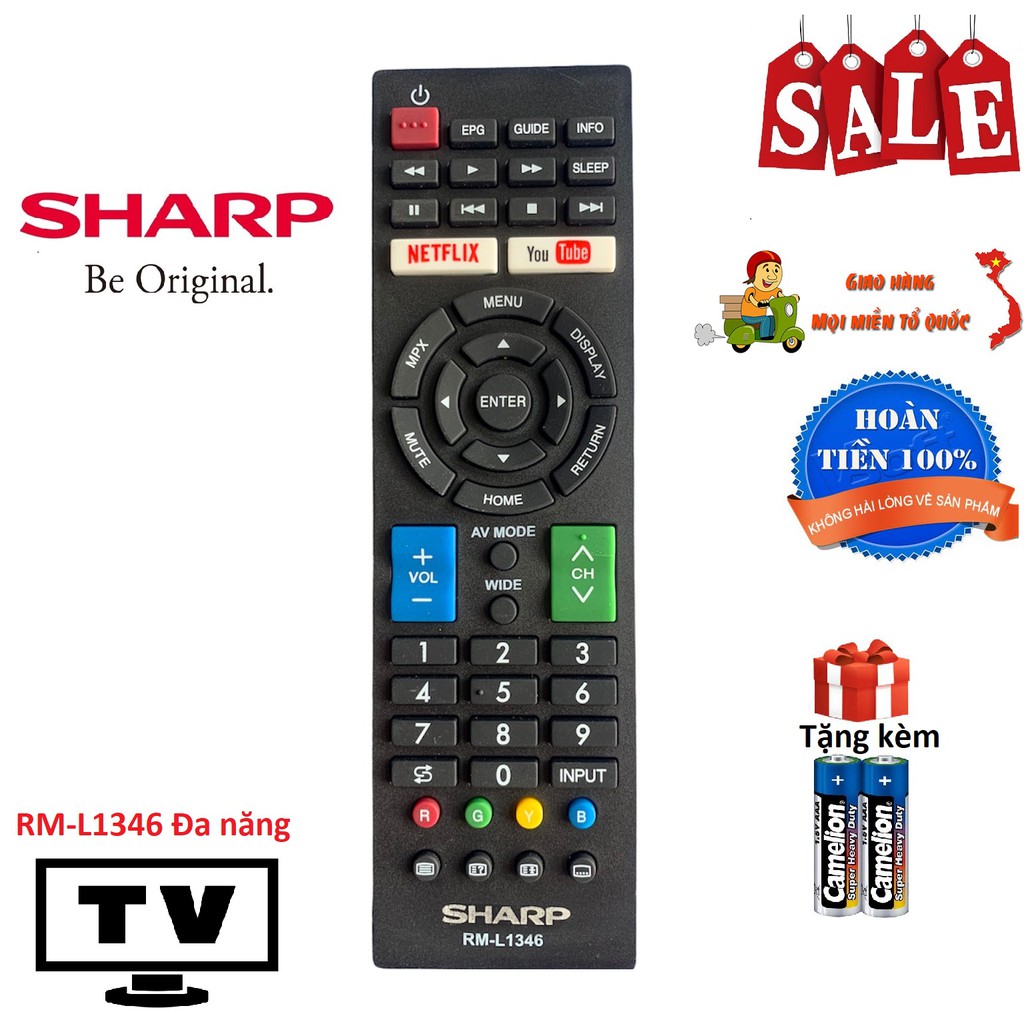 Điều khiển tivi Sharp RM-L1346 đa năng các dòng LED/LCD - Hàng tốt [ tặng kèm pin, BH đổi mới ]