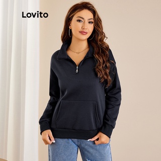 210QX Lovito Áo Khoác Nỉ Có Túi Có Dây Kéo Có Túi Trơn MộT NửA Đơn GiảN L22LD085 (Xanh HảI Quân)