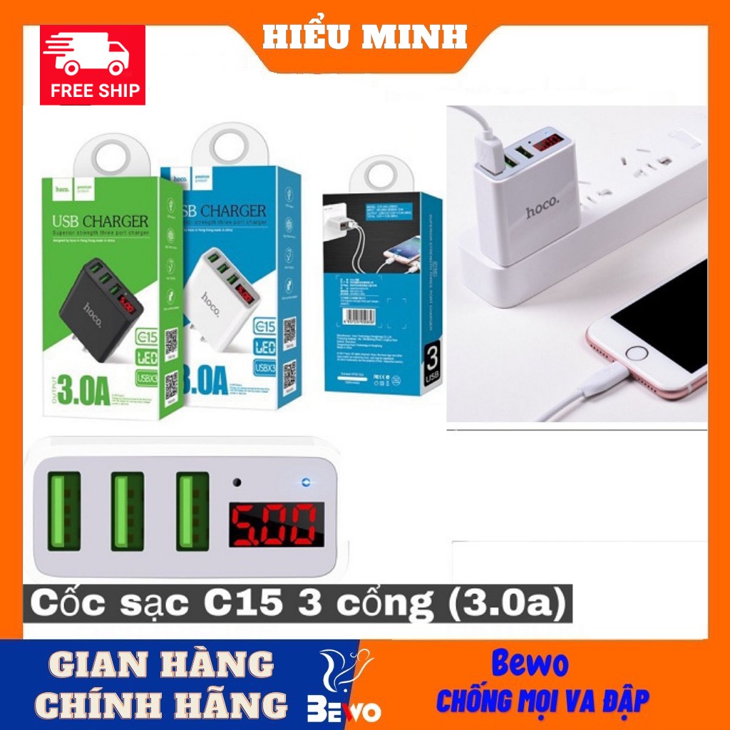Củ sạc nhanh c15 Hoco , 3 cổng sạc có màn led hiển thị dòng sạc, cho iphone , samsung.