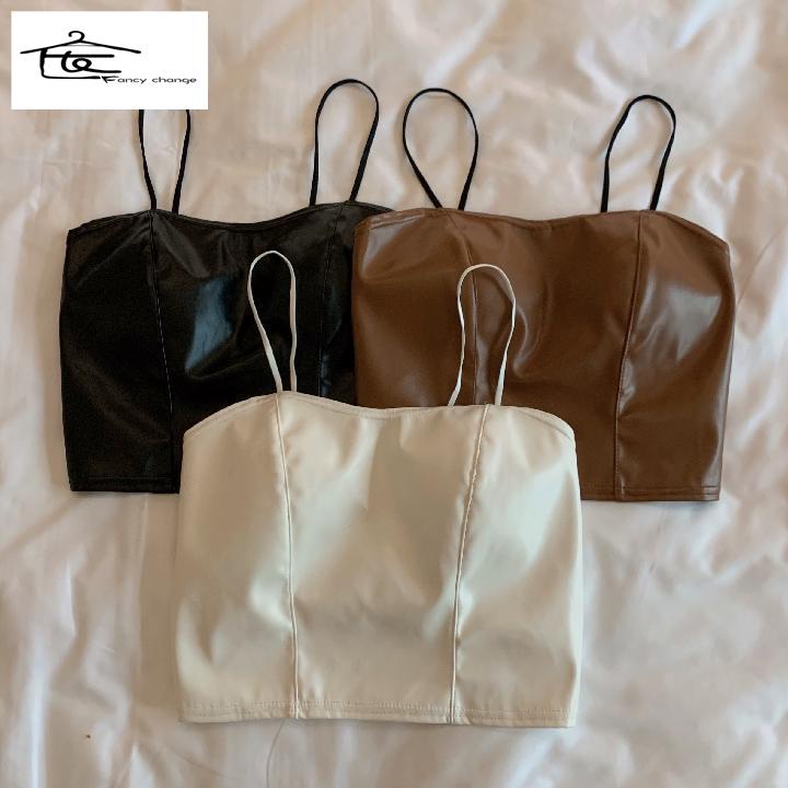 Hàng Có Sẵn Bán Chạy~Áo Da PU Nhỏ Không Tay Dáng Ngắn Phong Cách Âu Mỹ Sành Điệu Cho Nữ