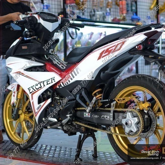 Tem Xe Máy - Decal Trùm Exciter 150 Trắng Đường Viền Đỏ Đơn Giản Nhất