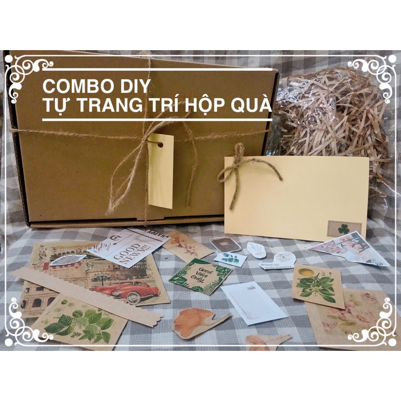 [Góc DIY] Combo tự làm hộp quà Kraft kèm sticker, thiệp, rơm, dây cột