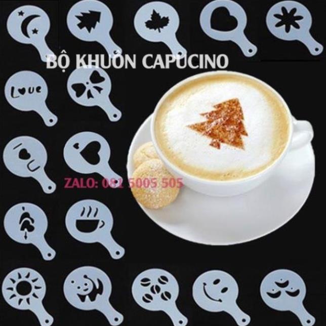 Hộp rắc bột cacao tạo hình chất liệu inox và Khuôn vẽ hình capuccino điệu T112H
