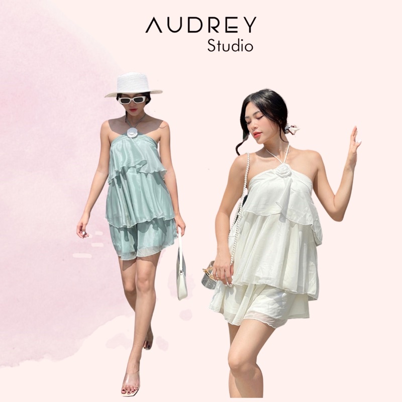 Set áo yếm bèo tầng kèm quần short màu trắng/xanh mint - Audrey Stufio