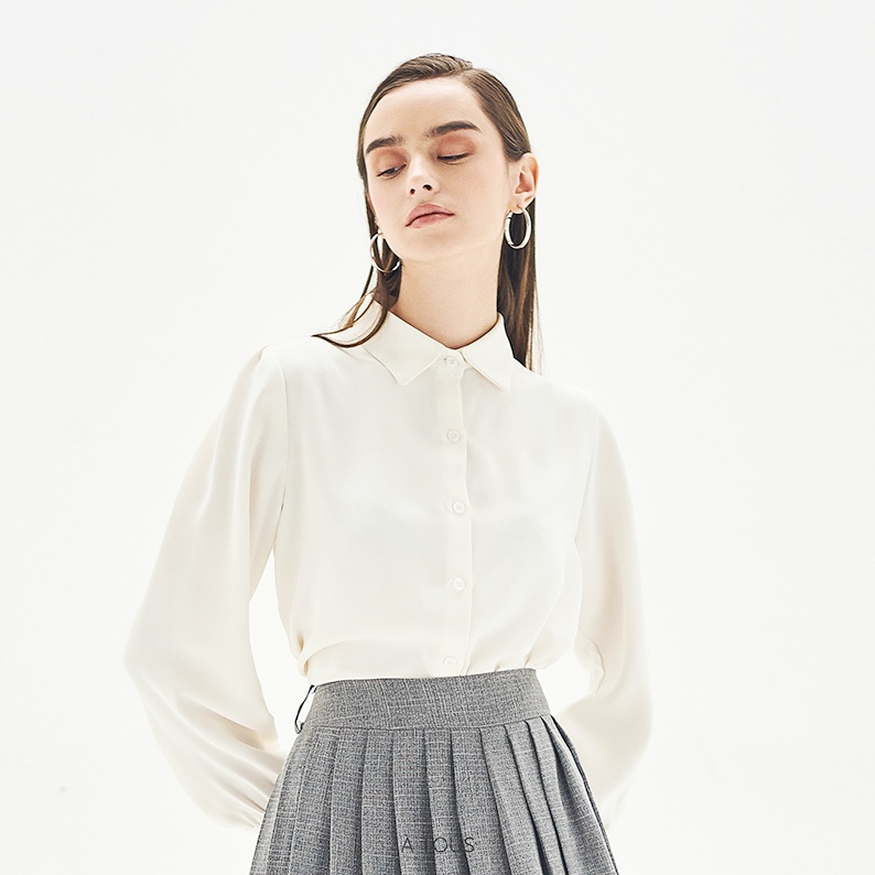 Áo sơ mi trắng tay bồng cổ đức ÀTOUS chất chiffon Hàn Quốc kiểu dáng cơ bản dễ phối đồ thanh lịch hiện đại