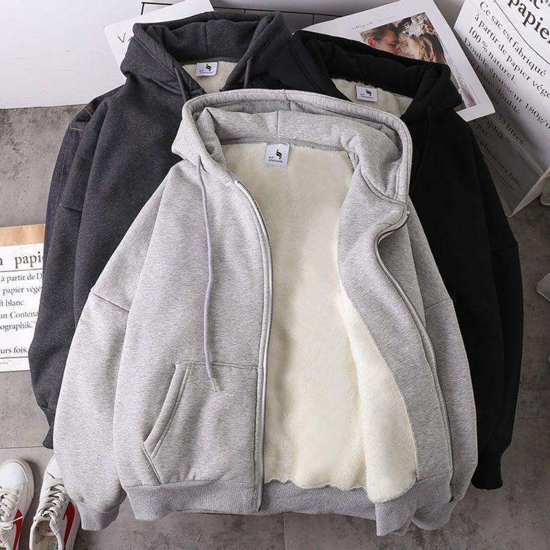 Áo Khoác Hoodie Lót Nhung Dày Dặn Dáng Rộng Phối Khóa Kéo Phong Cách Hàn Quốc Thời Trang Thu Đông Cho Nam Và Nữ