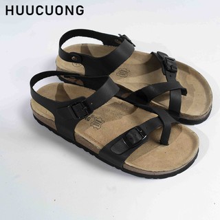 Giày Sandal Unisex HuuCuong xỏ ngón da bò đen đế trấu