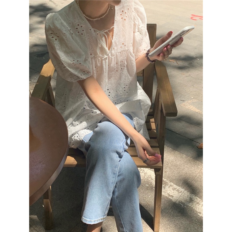 Áo Sơ Mi Trắng Tay Ngắn Phồng Dáng Rộng Phối Ren Thời Trang Mùa Hè Pháp Thanh Lịch