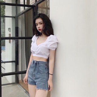 Áo croptop tay phồng 2 màu nhún eo