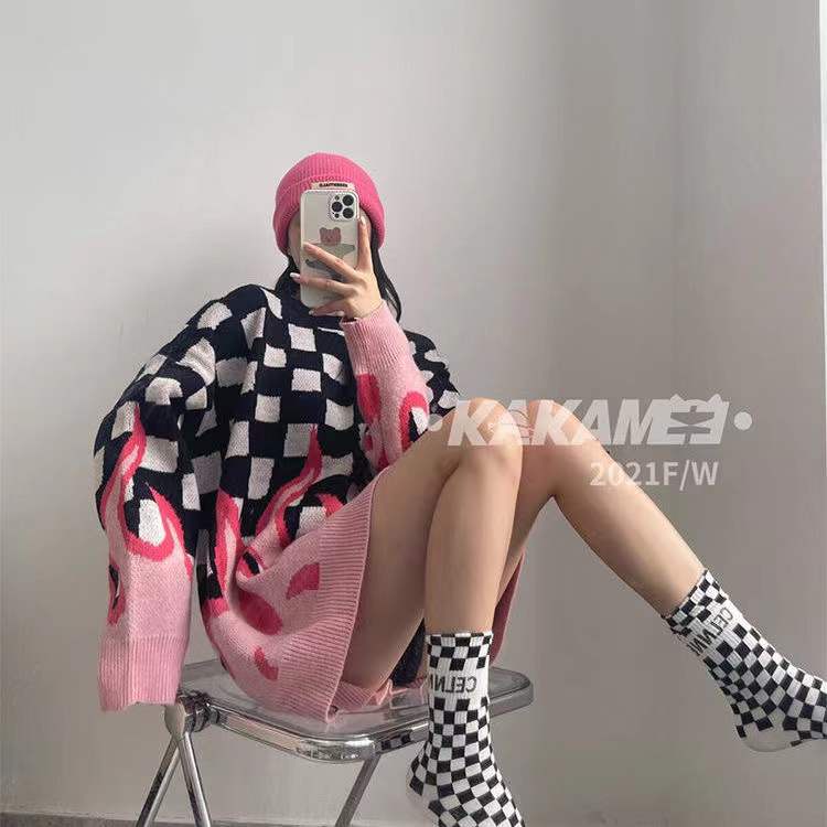 Áo sweater Dệt Kim Dáng Rộng In Hình Ngọn Lửa Phong Cách Hàn Quốc Thời Trang Thu Đông Cho Học Sinh