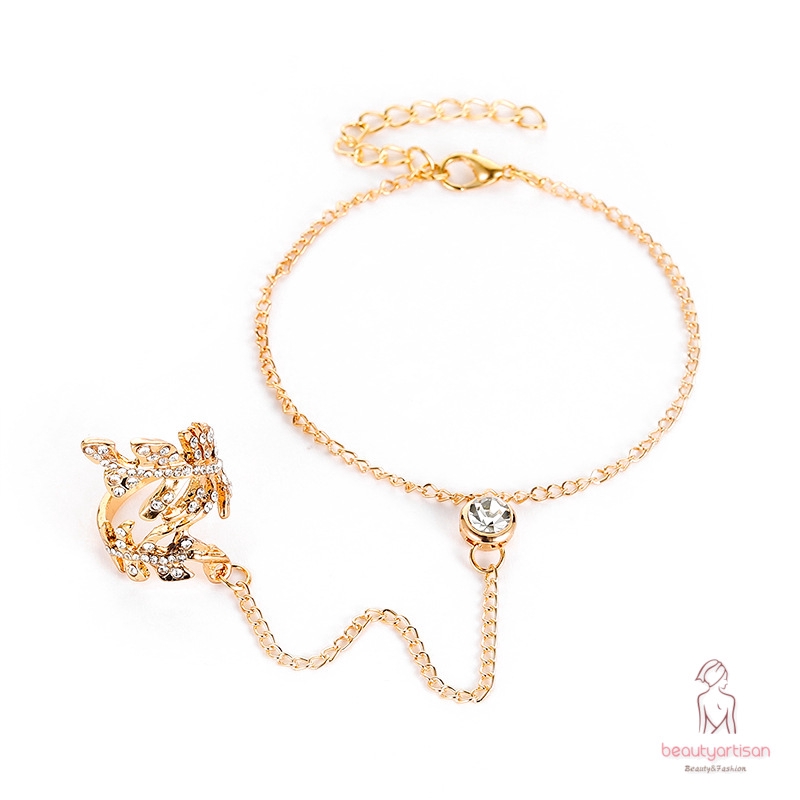 Vòng Đeo Tay Nối Nhẫn Hình Chiếc Lá Đính Kim Cương Giả Thời Trang Cho Nữ