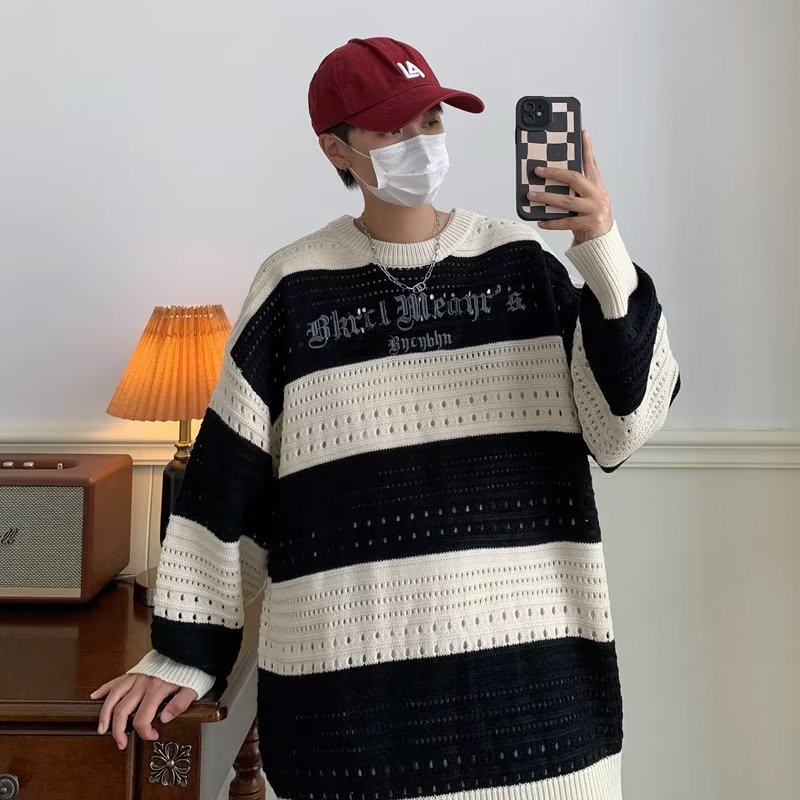 Áo Sweater Dệt Kim Dáng Rộng Kẻ Sọc Trắng Đen Kiểu Hàn Quốc Cá Tính Cho Nam Và Nữ