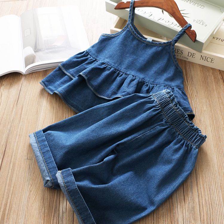 Bộ áo denim cổ yếm + quần dài cho bé gái