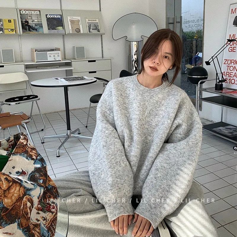 Lil CHER Áo Sweater Dệt Kim Chui Đầu Dáng Rộng Dày Dặn Màu Xám Phong Cách Hàn Quốc Thời Trang Thu Đông Thường