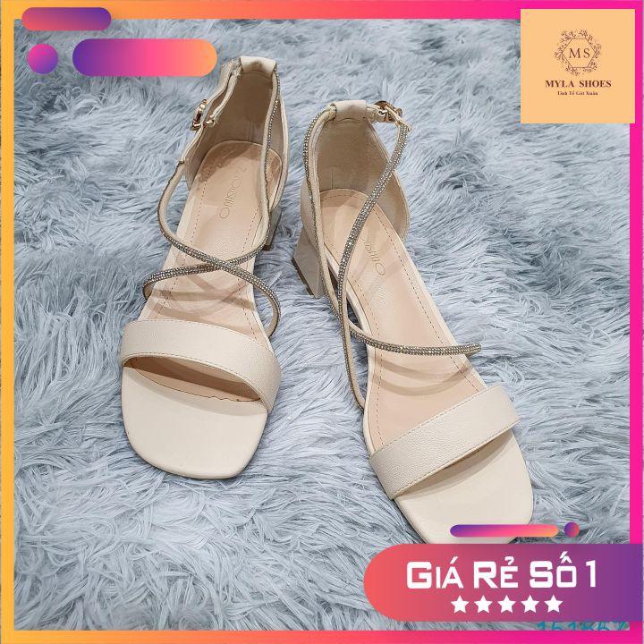 SanDal Cao Gót 4 Phân Da Lì Quai Mảnh Đính Đá VNXK- Màu đen,nude
