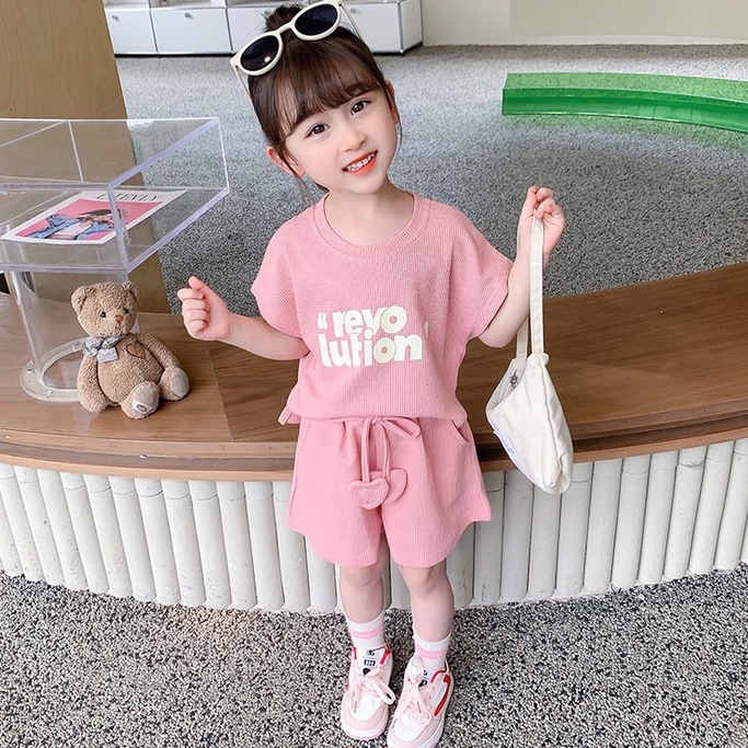 Bộ Đồ Thể Thao Áo In Chữ Phối Quần Short Màu Sắc Tương Phản Thời Trang Mùa Hè Cho Bé Gái