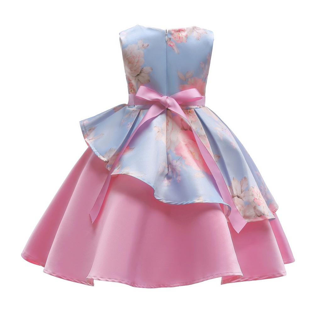Váy đầm công chúa cho bé gái 3 đến 9 tuổi Váy dạ hội dự tiệc in hoa hai tầng chân váy chéo nơ bướm nhấn eo Màu xanh hồng