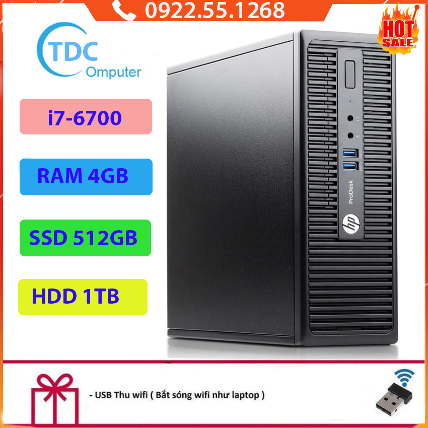 Case máy tính đồng bộ HP ProDesk 400G3 SFF, cpu core i7-6700, ram 4GB, SSD 512GB,HDD 1TB Tặng USB thu Wifi