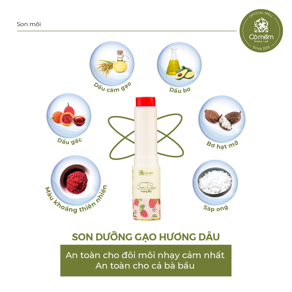 Son Dưỡng Môi Có Màu Gạo Hương Dâu Mềm Môi Chống Khô Nẻ Cỏ Mềm 3,6g