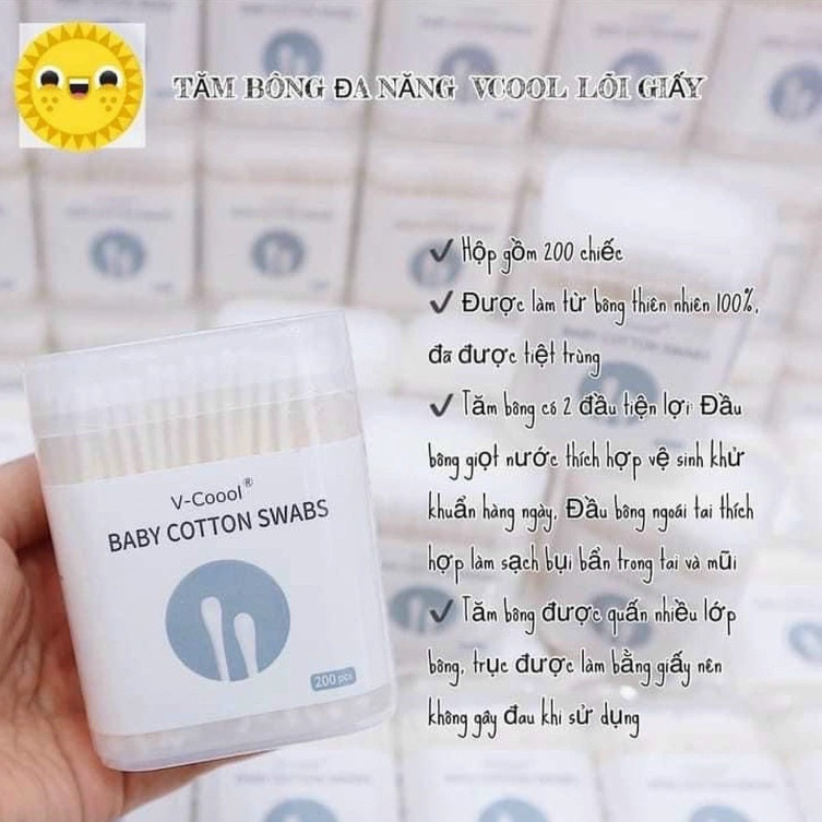 Hộp 200 que tăm bông lõi giấy 2 đầu V-coool cho trẻ sơ sinh và trẻ nhỏ