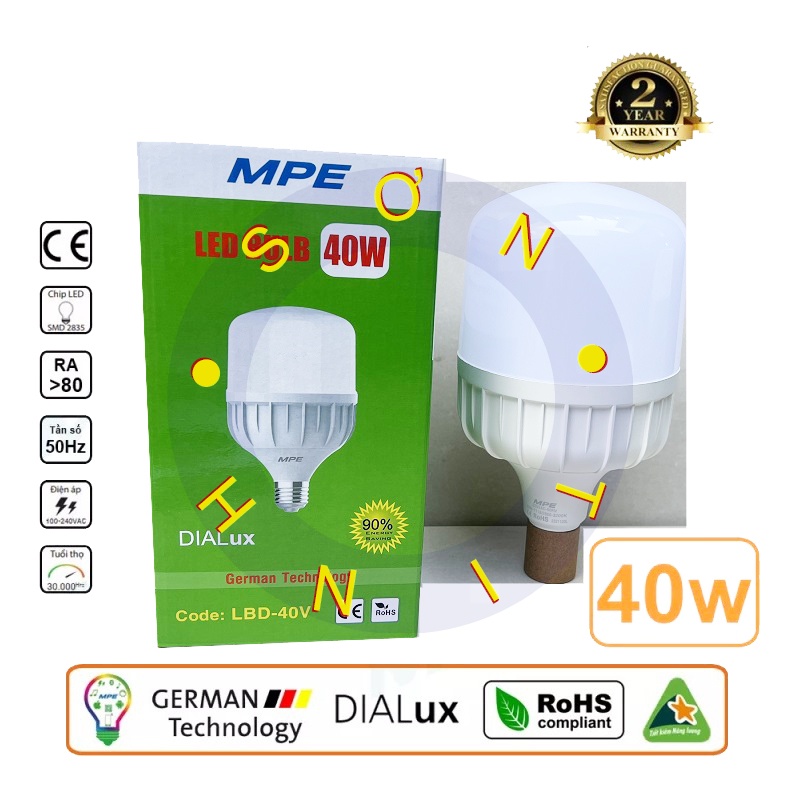 Bóng đèn led bulb MPE công suất 40W ánh sáng trắng, ánh sáng vàng