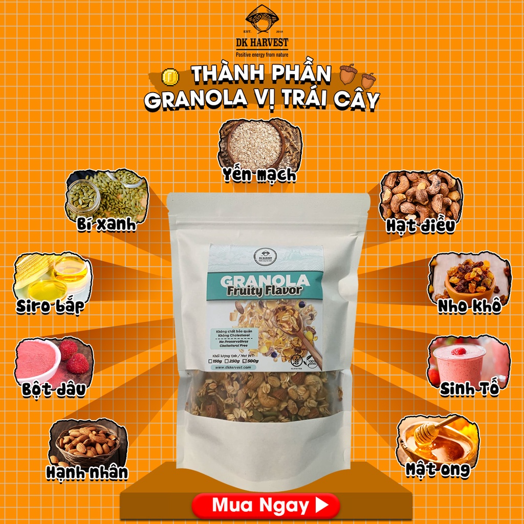 Granola Hạt Dinh Dưỡng Nướng Mật Ong  DK Harvest Thơm Giòn, Ngũ Cốc Hỗ Trợ Giảm Cân - Trọng lượng 250g/500g