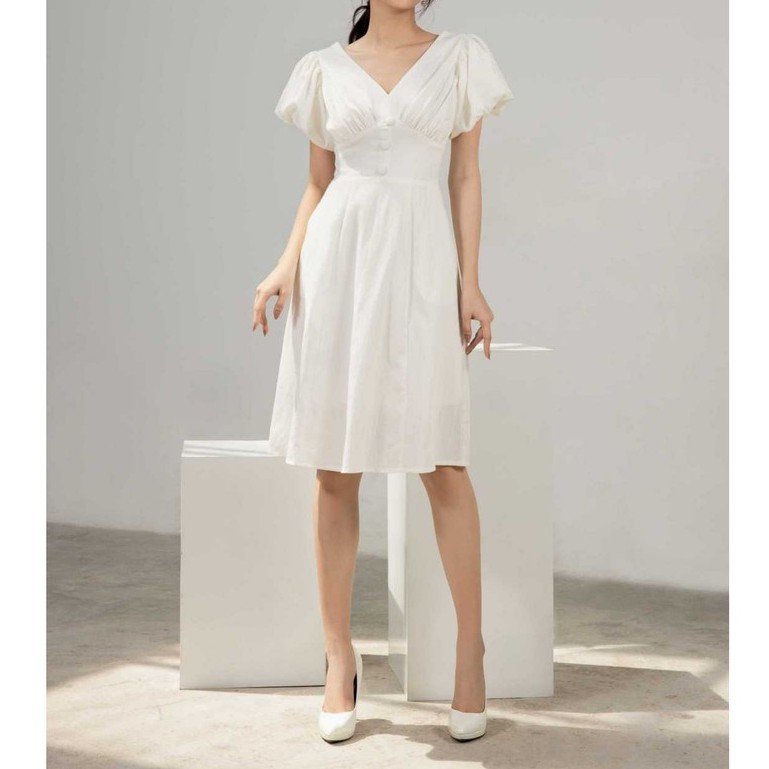Đầm tay phồng nhún ngực chất linen thời trang- 2 màu Trắng, Đen