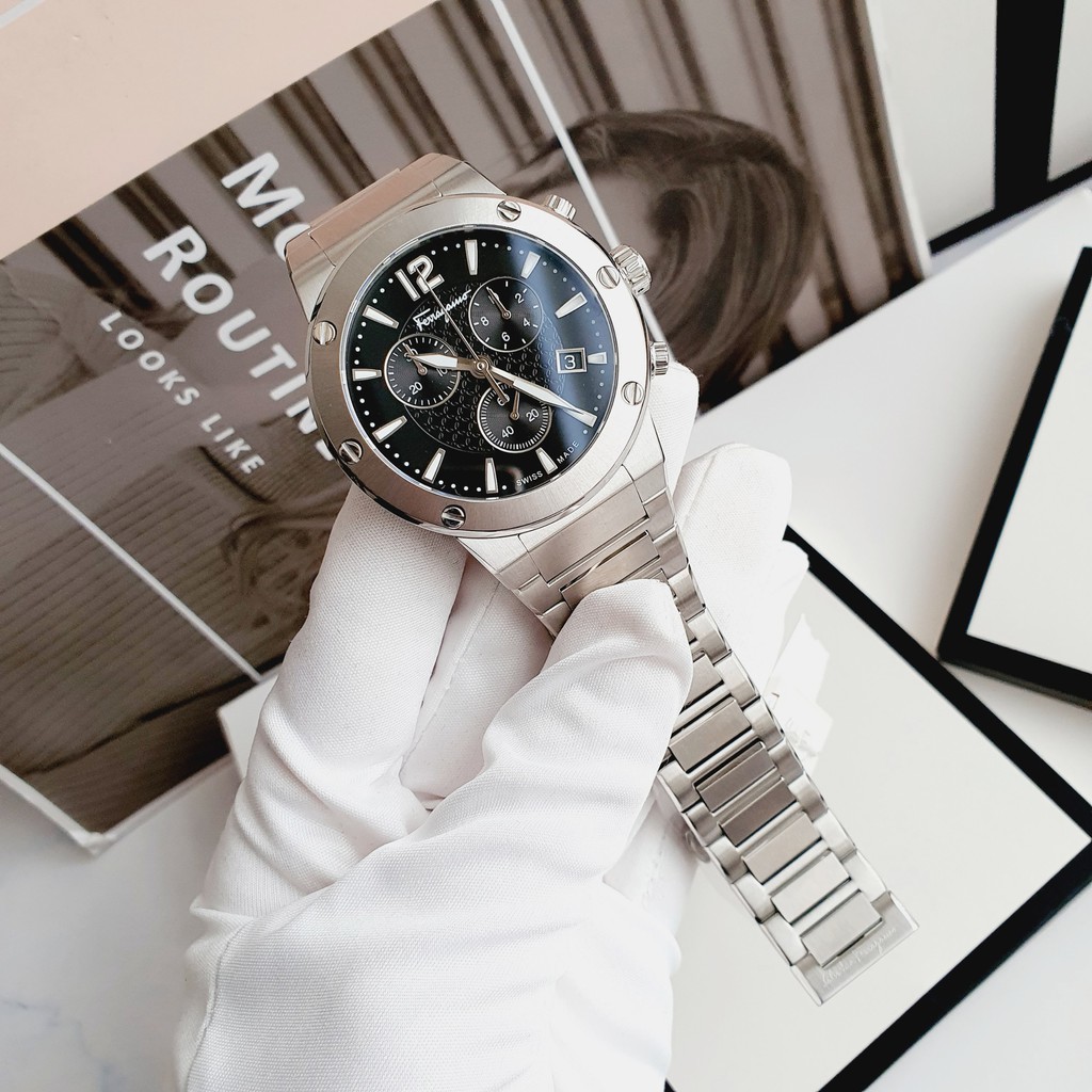 Đồng Hồ Nam FER.RAGAMO f80 cực kỳ menly cho các soái ca, về thêm dây thép bạc mặt đen sport dáng thể thao siêu hot hit