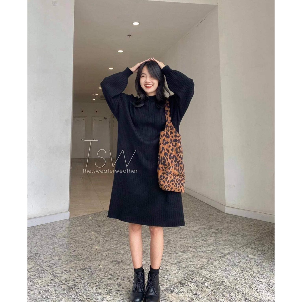 VÁY LEN SUÔNG /ĐẦM LEN SUÔNG NỮ một màu ĐEN tay bồng dày dặn basic cực hot | BigBuy360 - bigbuy360.vn