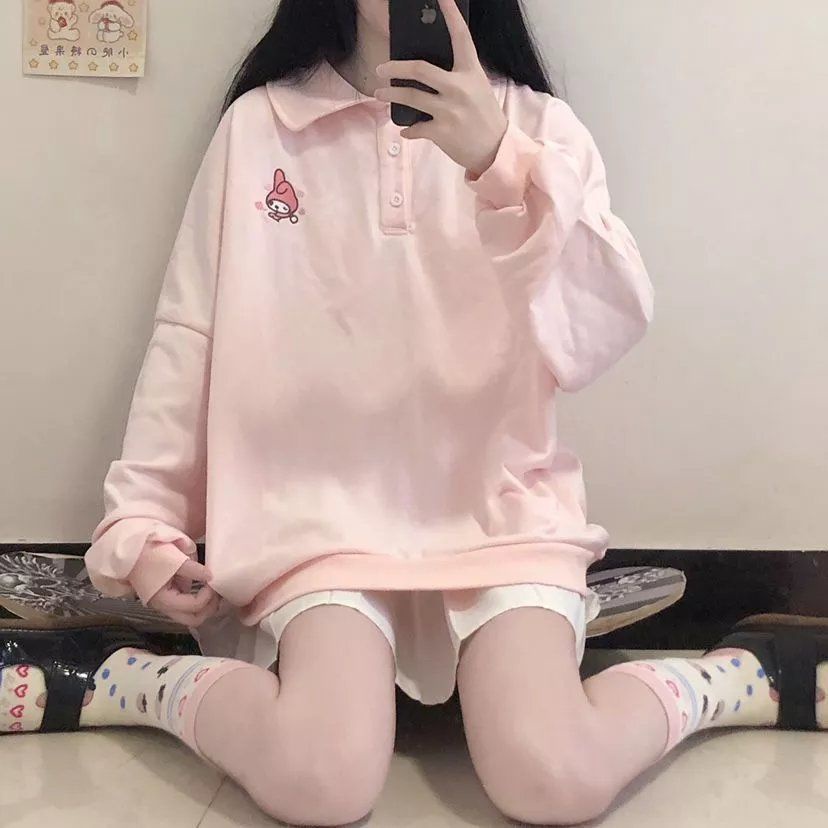 Áo sweater dáng rộng cổ bẻ thêu họa tiết dễ thương xinh xắn thời trang mùa thu