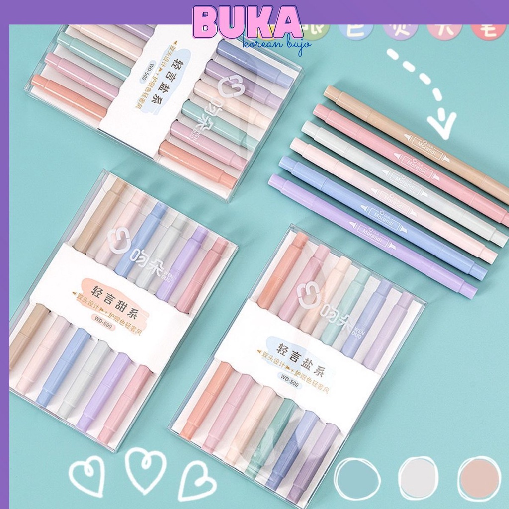 Bukavn Set 6 bút highlight 2 đầu Morandi pastel thân tròn Bút đánh dấu bút nhớ pastel trang trí sổ bullet journal