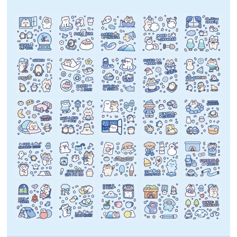 Sticker cute/Set hộp 200 tấm sticker hình dán dễ thương SNOWMAN! trang trí sổ planner bullet journal Tẻn Tẻn