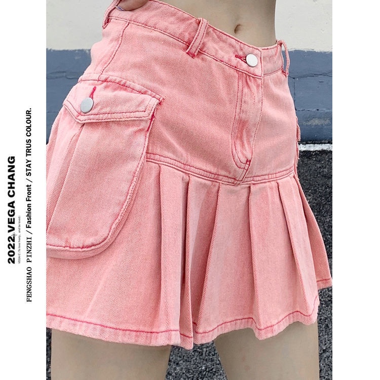 Jiashucheng Chân Váy Denim Hồng Lưng Cao Xếp Ly Dáng Ôm Thời Trang Mùa Hè Hàng Mới Dành Cho Bạn Nữ