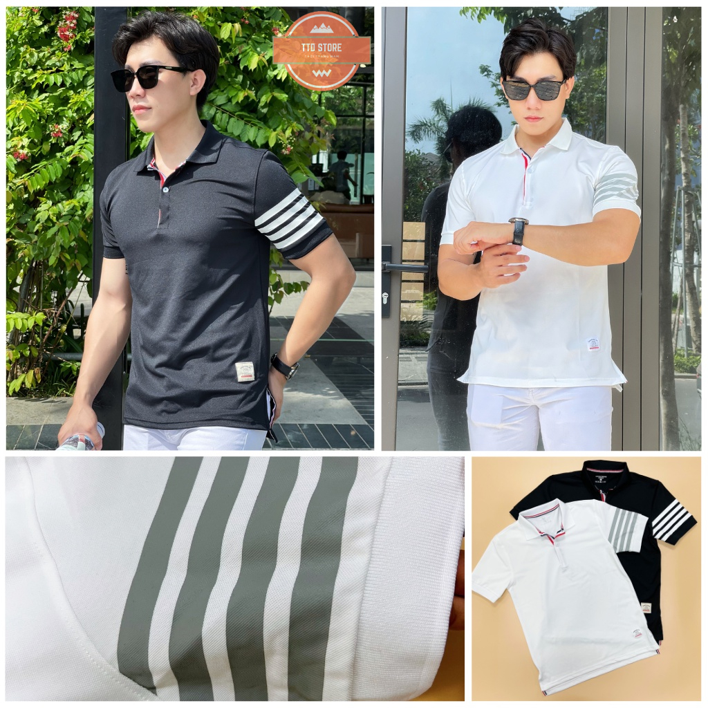 Áo thun nam polo THOMROW cao cấp tay bo ngắn phối 3 sọc , áo đẹp phối viền tay cổ phong cách trẻ trung lịch lãm