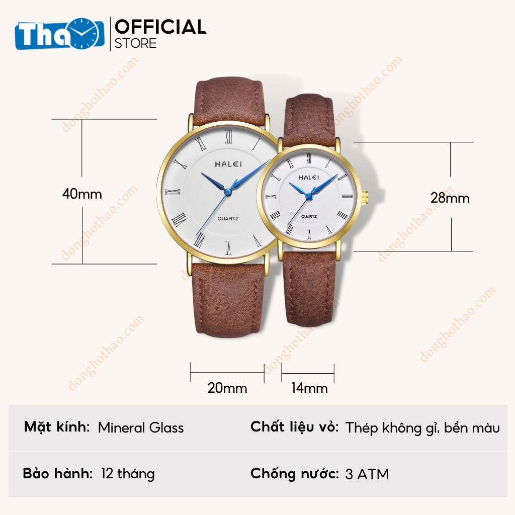 Đồng Hồ Cặp Đôi Dây Da Halei Chống Nước Dây Nâu Cổ Điển Tinh Tế Huyền Thoại Đồng Hồ Thảo HH99NT3 Halei 540