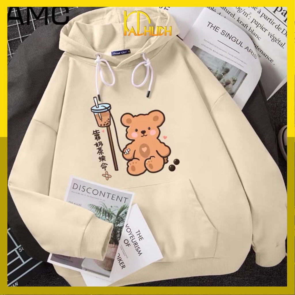 ÁO HOODIE NỮ IN GẤU TRÀ SỮA