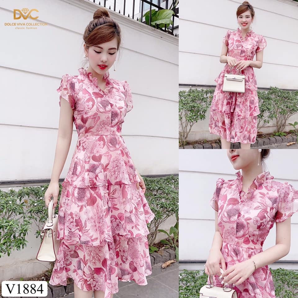 Váy hồng hoa xòe xếp tầng V1884 - Mimo Shop phân phối chính thức - Kèm ảnh thật trải sàn do shop tự chụp