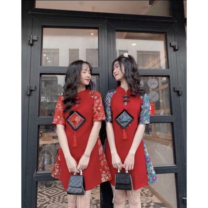 [CÓ VIDEO] 🛀👫Đầm tết áo dài cách tân, đầm nữ đỏ sườn xám phối gấm hoa cao cấp [TẾT 2021 🛀👫Form Dáng đẹp🛀👫 Vải đẹp